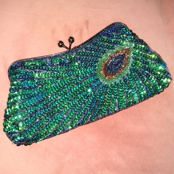Peacock Feather 20s 30s Retro Sequin Clutch Purse Blue Green Bag Crossbody Chain - Picture 6 of 14